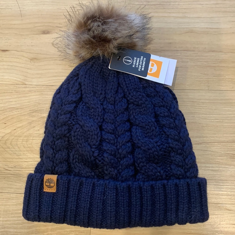 Women's Timberland Cable Knit Cuff Pom Beanie - Faux-Fur Lined